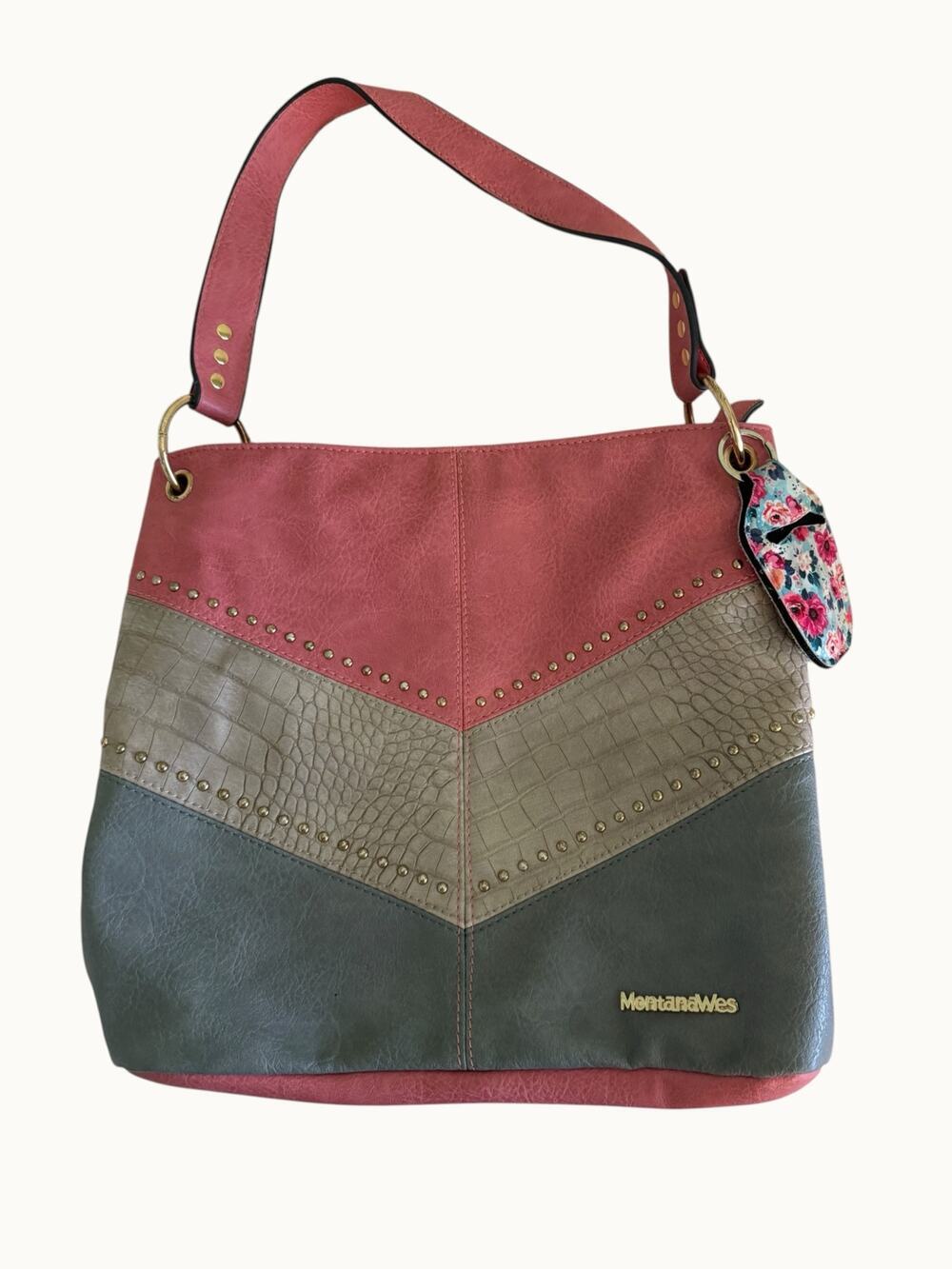 Montana West Chevron Studded Hobo Pink/Gray Faux Leather Shoulder Purse